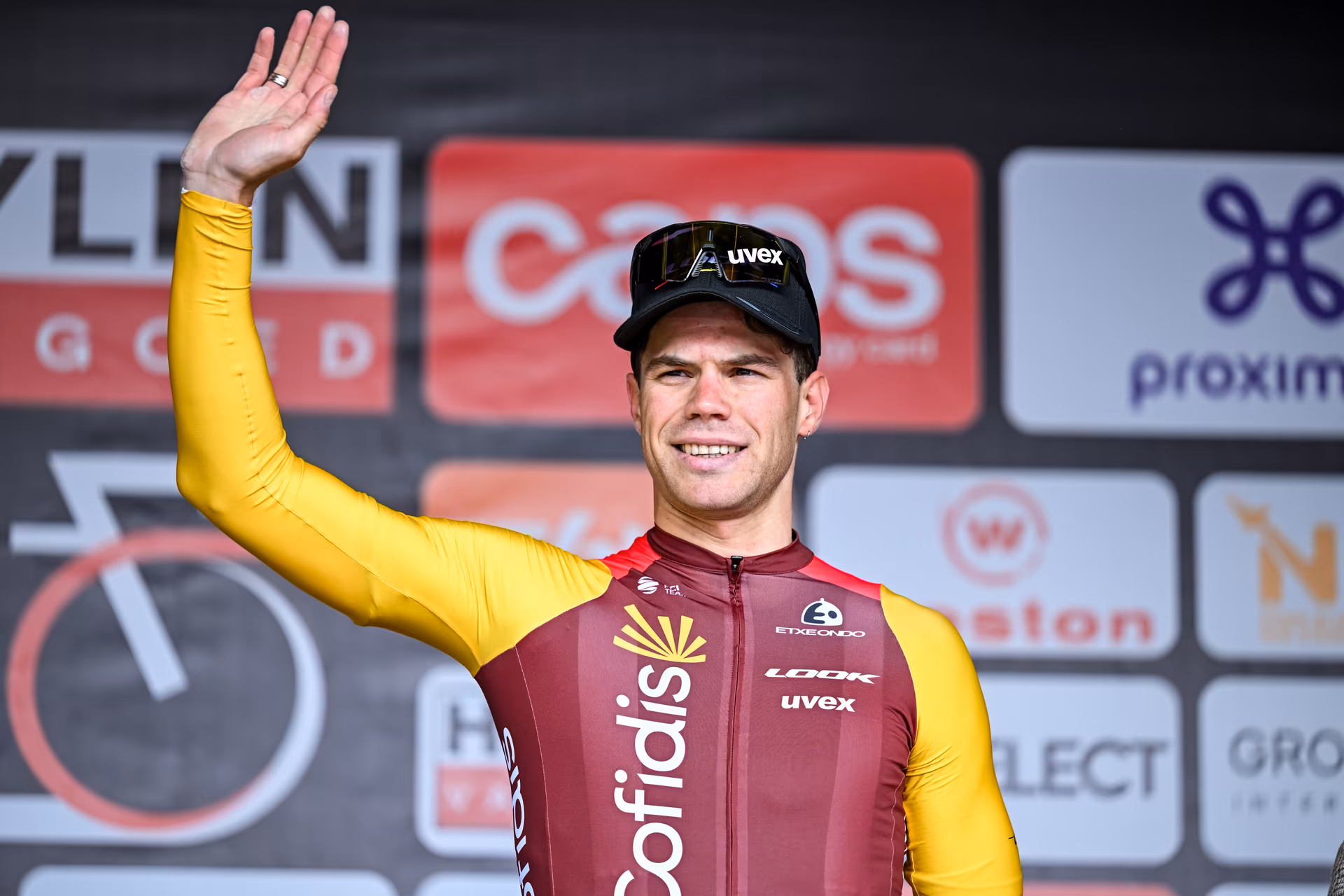 Belgian Milan Fretin of Cofidis pictured on the podium after the 'Heistse Pijl' cycling race, Saturday 06 June 2026 in Heist-Op-Den-Berg. BELGA PHOTO DAVID PINTENS