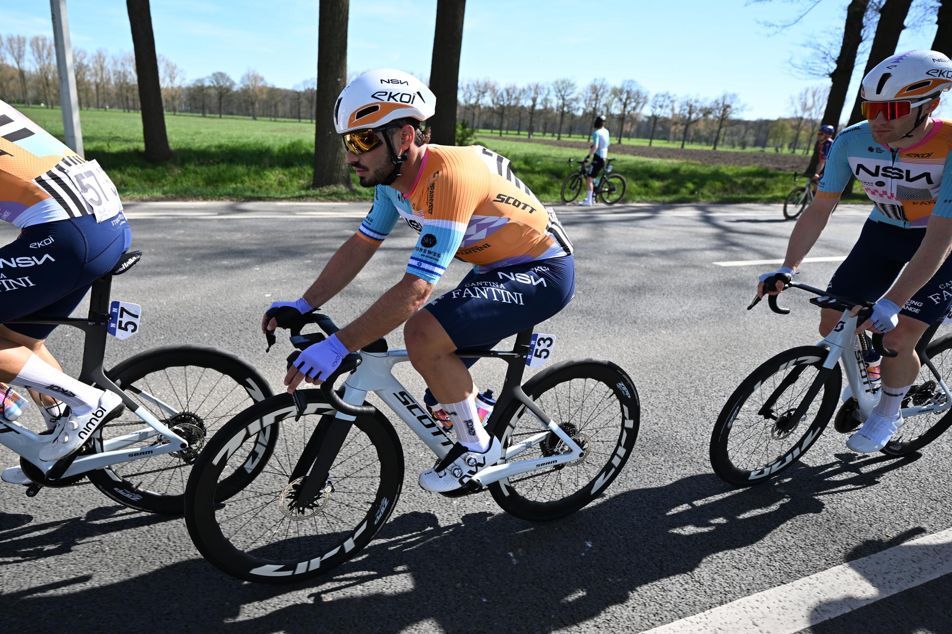 Israeli Oded Kogut of NSN Cycling Team pictured in action during the men's race of the 'Scheldeprijs' one day cycling event, 205,2km from Terneuzen, the Netherlands to Schoten, Belgium on Wednesday 08 April 2026. BELGA PHOTO MAARTEN STRAETEMANS