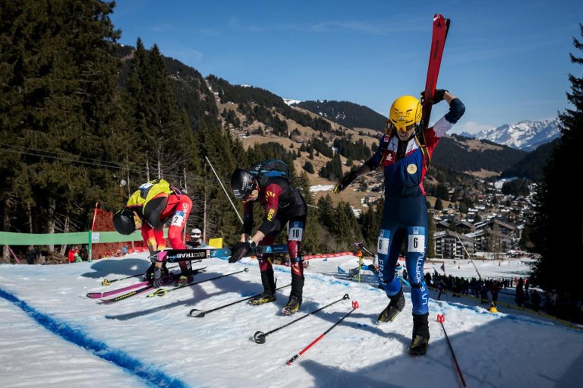 Spain's Oriol Cardona Coll #2, Belgium's Maximilien Drion du Chapois #10 and France's Thibault Anselmet #6 get ready when competing in the Men's Sprint Race semi-final at the Ski mountaineering (ISMF) World Championships in Morgins, Switzerland, on March 6, 2025. Fabrice COFFRINI / AFP
