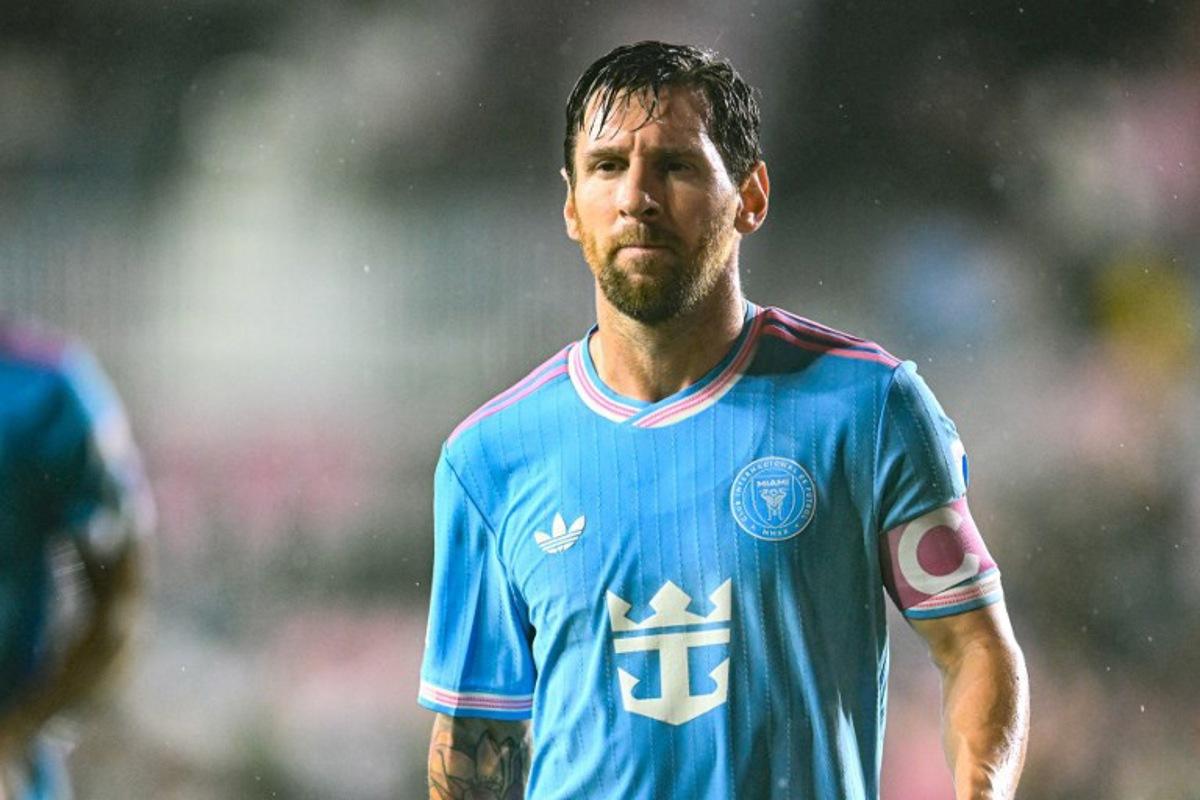 Inter Miami's Argentine forward #10 Lionel Messi reacts after his team's first goal during the Major League Soccer (MLS) regular season football match between Inter Miami CF and New England Revolution at Chase Stadium in Fort Lauderdale, Florida, on October 4, 2025. CHANDAN KHANNA / AFP