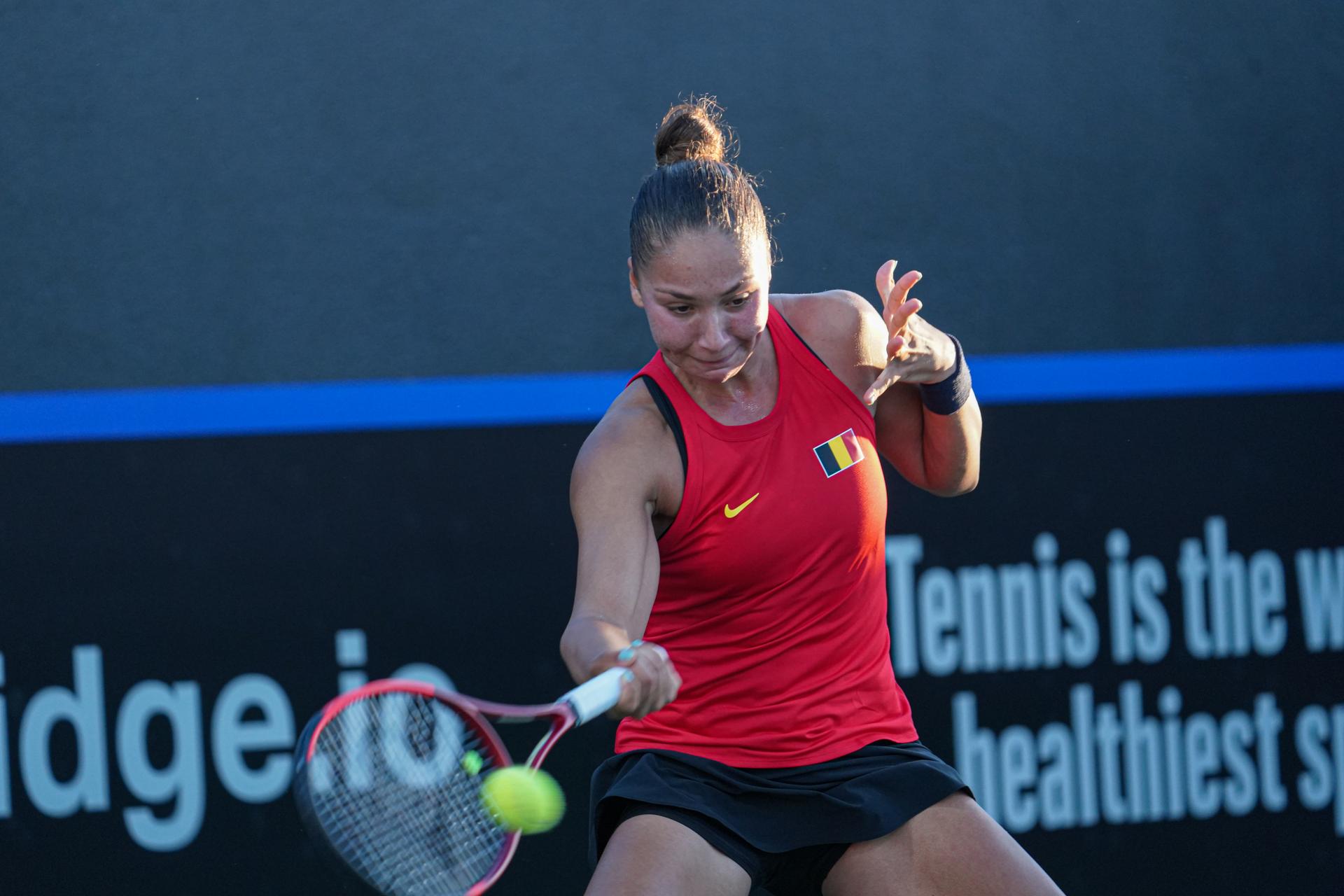 Belgian Sofia Costoulas pictured in action during the first match between US Pegula (WTA 5) and Belgian Costoulas (WTA 279) on the first day of the meeting between USA and Belgium, in the qualification round in the world group for the final of the Billie Jean King Cup tennis, in Orlando, Florida, USA, on Friday 12 April 2024. BELGA PHOTO MARTY JEAN LOUIS