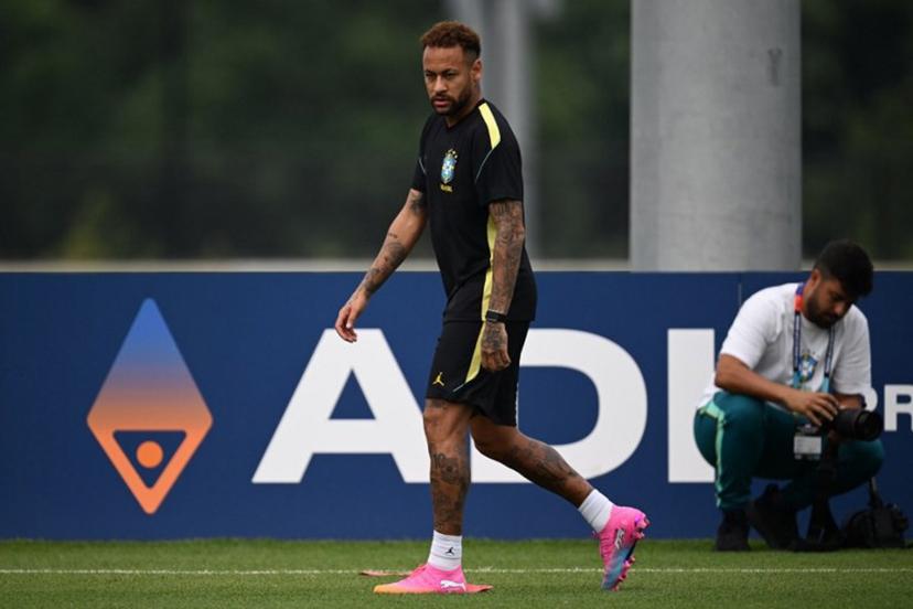 Brazil's forward #10 Neymar takes part in an MD-1 training session at Columbia Park Training Facility in Morristown, New jersey, on June 18, 2026, on the eve of the World Cup 2026 Group C football match between Brazil and Haiti. MAURO PIMENTEL / AFP