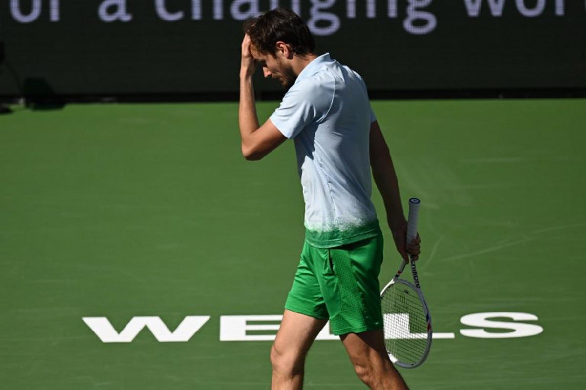 Russia's Daniil Medvedev reacts during the men's singles semi-final tennis match against Denmark's Holger Rune at the BNP Paribas Open at the Indian Wells Tennis Garden in Indian Wells, California, on March 15, 2025. Patrick T. Fallon / AFP