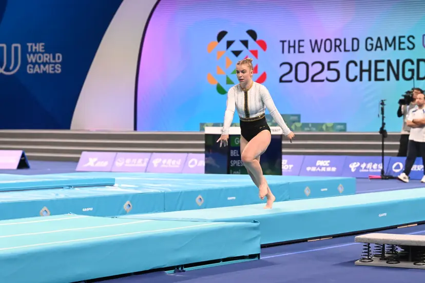 ATTENTION EDITORS - HANDOUT PICTURE - EDITORIAL USE ONLY - MANDATORY CREDIT BOIC - COIB - Lani Spiessens tumbling during the World Games 2025, in Chenghdu, China, on Saturday 9 August 2025. This year, the World Games take place from 07 to 17 augustus. PHOTO HANDOUT BOIC - COIB
