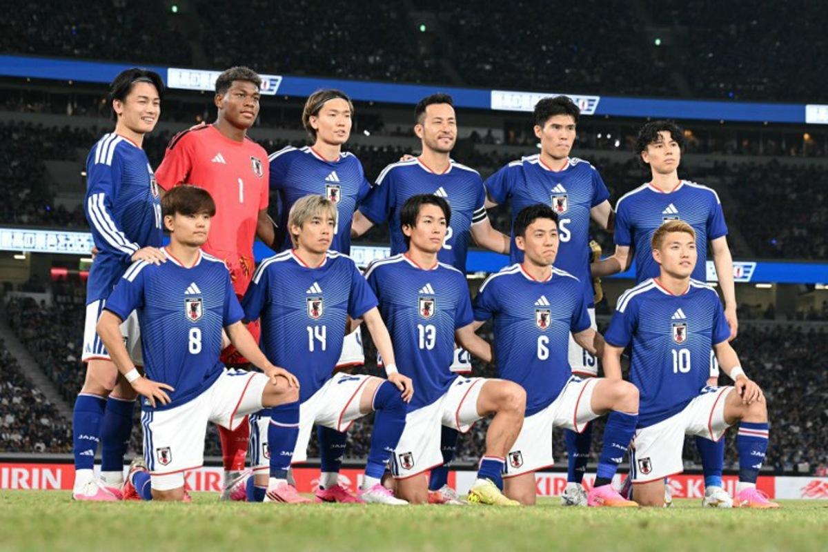 Japan players pose for a group photo prior to the start of the international friendly football match between Japan and Iceland at the National Stadium in Tokyo on May 31, 2026. Yuichi YAMAZAKI / AFP
