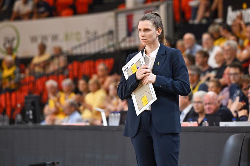 Oostende's assistant coach Gaelle Bouzin pictured during a basketball match between Belgian BC Oostende and Dutch team ZZ Leiden, Friday 09 June 2023 in Oostende, the first match in the best-of-three finals of the 'BNXT League' basket championship. BELGA PHOTO DAVID CATRY