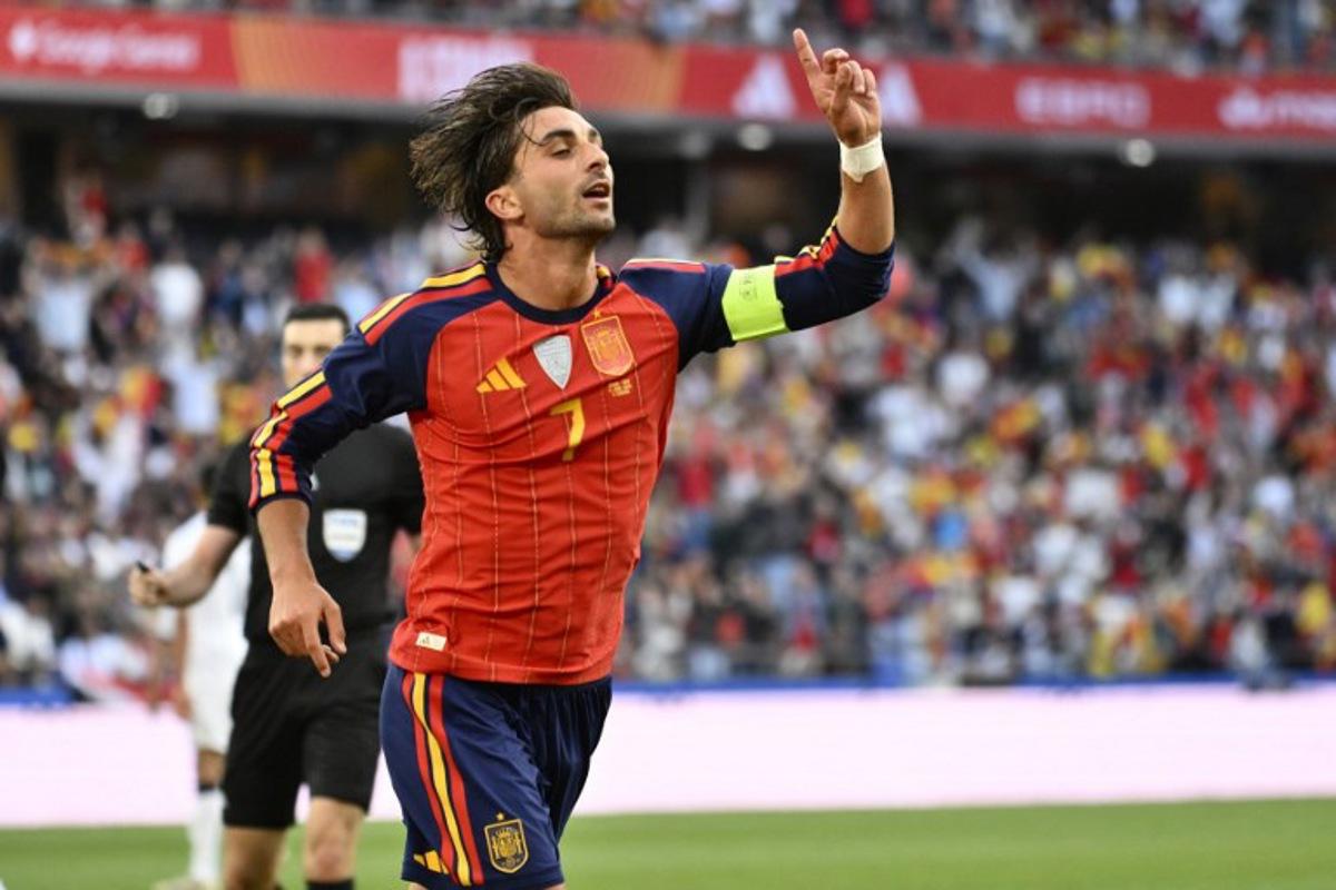 Spain's forward #07 Ferran Torres celebrates scoring the opening goal during the international friendly football match between Spain and Iraq ahead of the 2026 FIFA World Cup football tournament, at the Riazor stadium in A Coruna, northern Spain, on June 4, 2026. Ander Gillenea / AFP