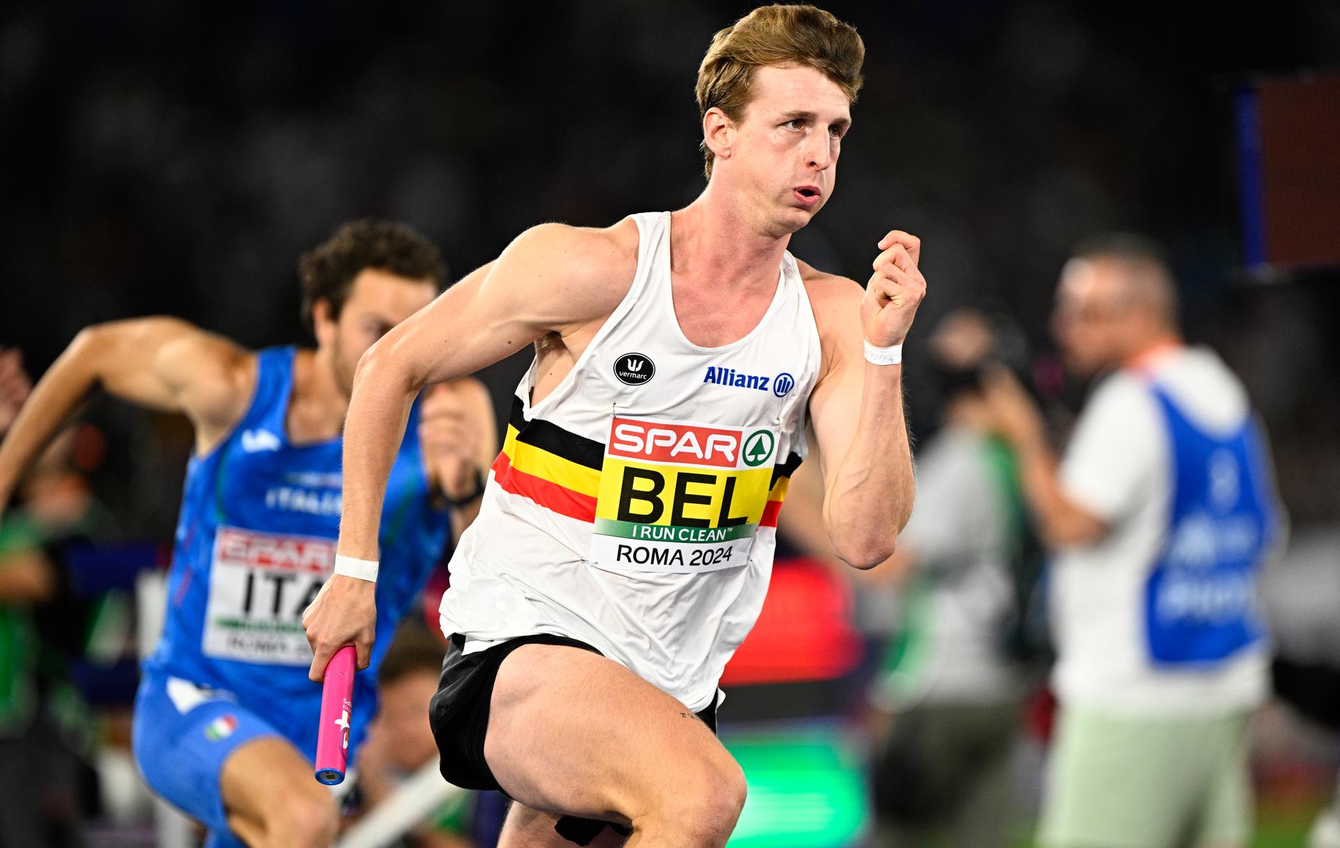 Belgian Alexander Doom in action during the men 4x400m relay, at the European Championships Athletics in Rome, Italy, on Wednesday 12 June 2024. The European Athletics Championships take place from 7 to 12 June. BELGA PHOTO JASPER JACOBS