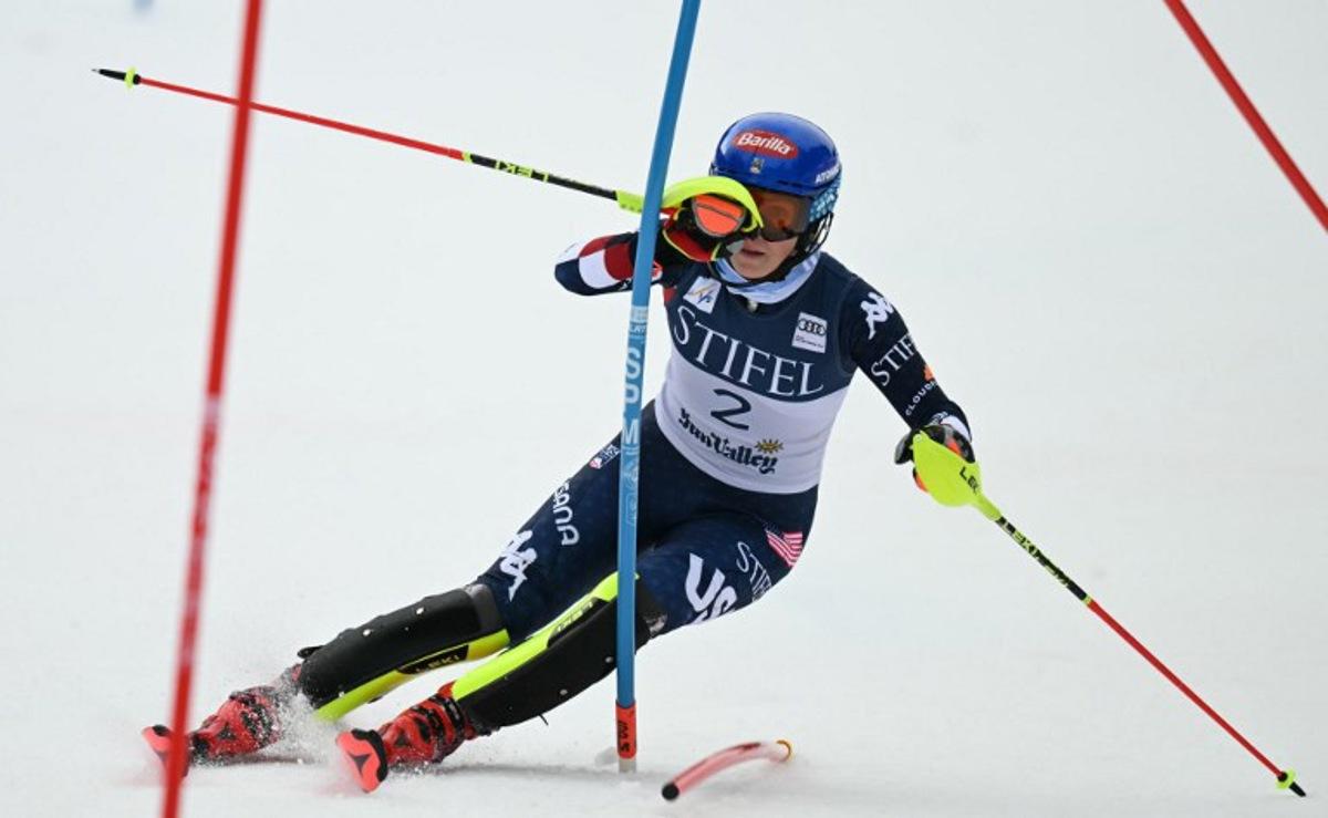 USA's Mikaela Shiffrin races in the first run of the women's Slalom event during the 2025 FIS Alpine World Cup Finals at Sun Valley Resort in Sun Valley, Idaho, on March 27, 2025. Patrick T. Fallon / AFP