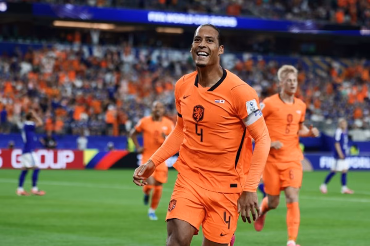 Netherlands' defender #04 Virgil van Dijk celebrates after scoring the opening goal during the 2026 World Cup Group F football match between the Netherlands and Japan at the Dallas Stadium in Arlington on June 14, 2026. Aric Becker / AFP