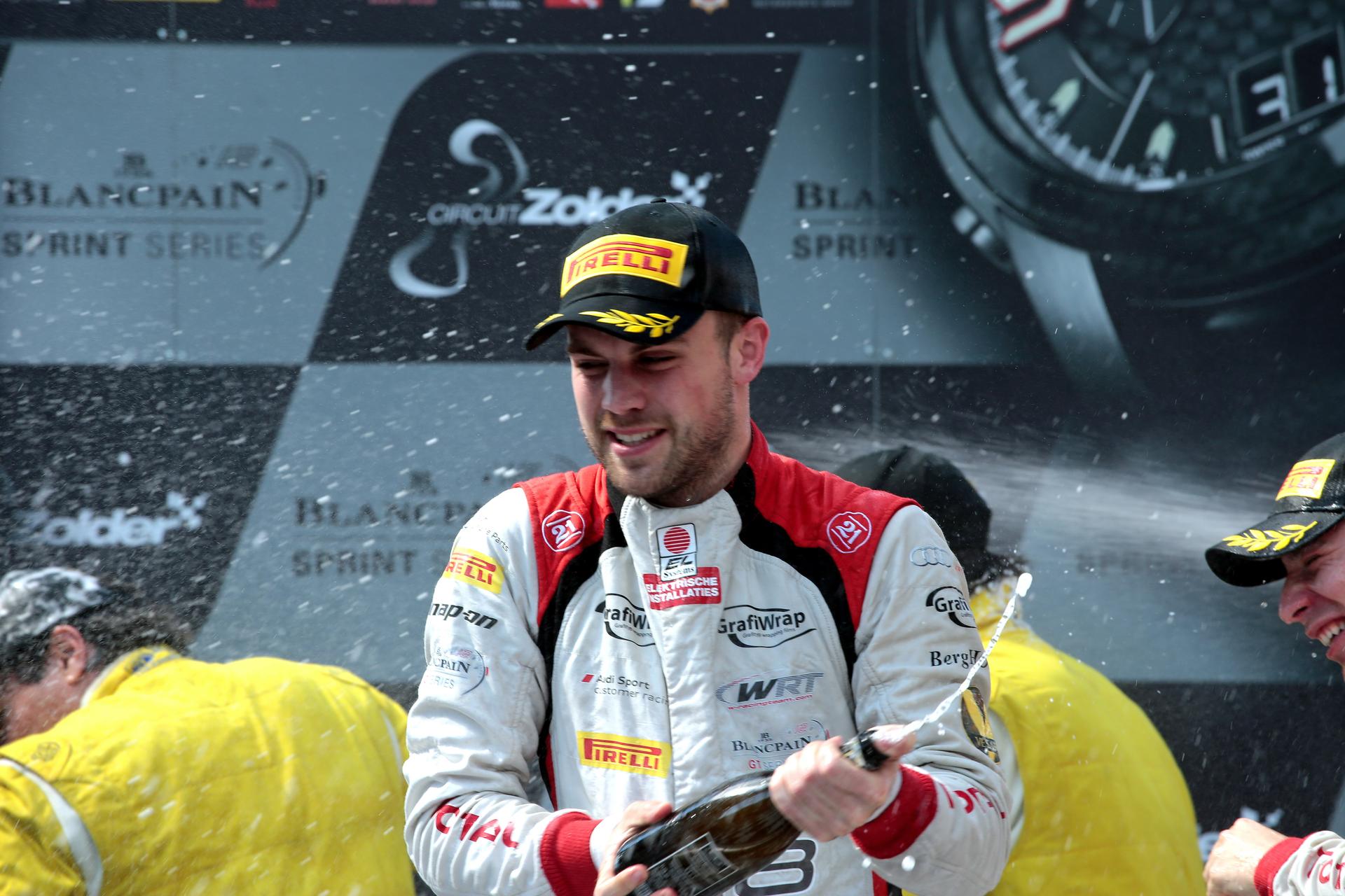 20150607 - ZOLDER, BELGIUM: Belgian driver Laurens Vanthoor celebrates on the podium after winnin the Blancpain GT Sprint Series racing contest in Zolder, Sunday 07 June 2015. BELGA PHOTO GEORGES DE COSTER