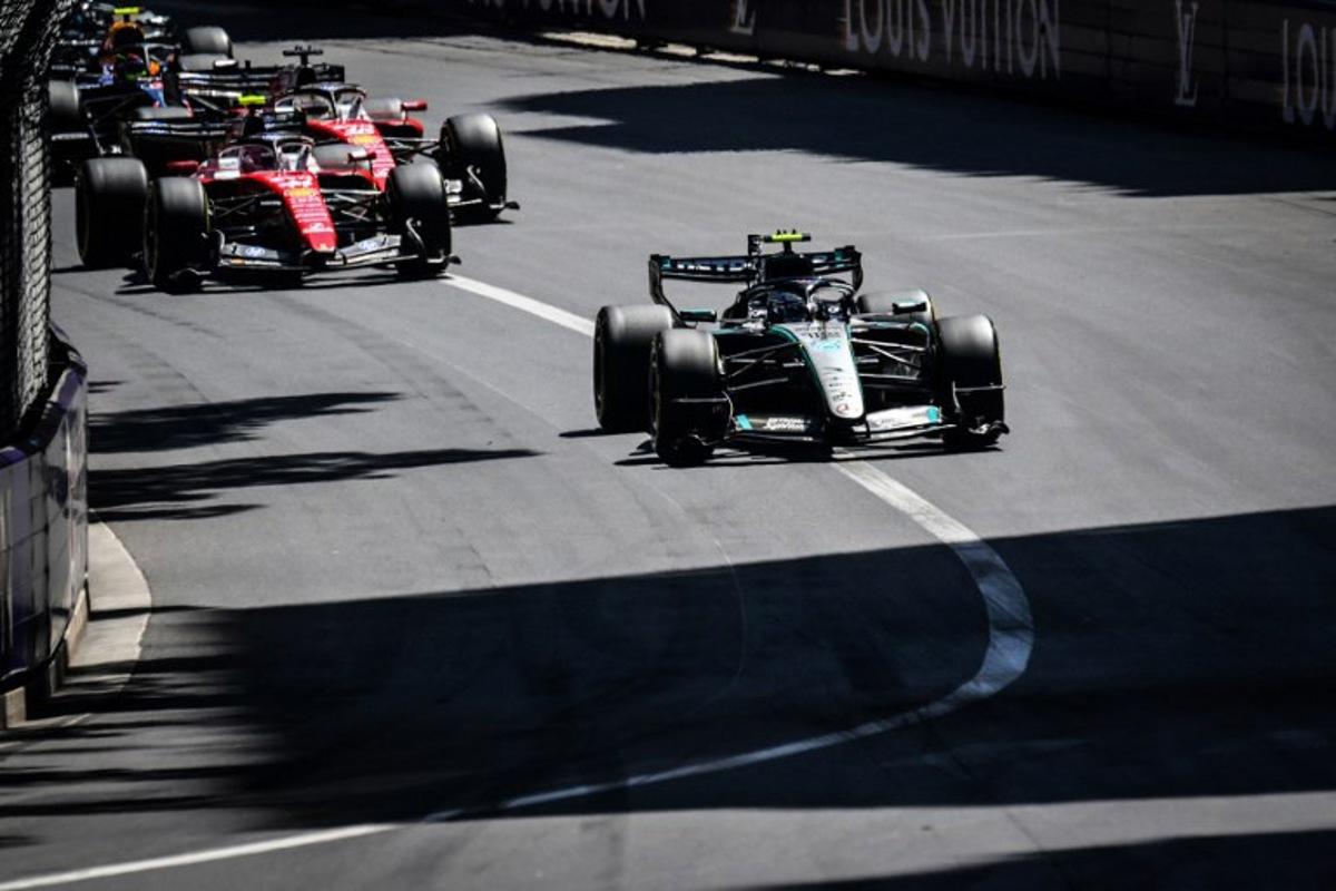 Mercedes' Italian driver Kimi Antonelli (C) leads the start during Monaco Formula 1 Grand Prix at the Monaco street circuit in Monaco, ahead of the, on June 7, 2026. Andrej ISAKOVIC / AFP