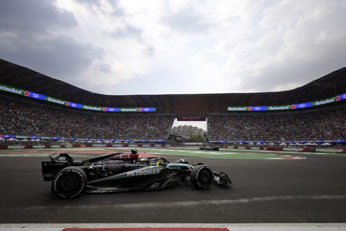 Mercedes' British driver Lewis Hamilton races during the Mexico City Grand Prix at the Hermanos Rodriguez racetrack, in Mexico City on October 27, 2024. Alfredo ESTRELLA / AFP