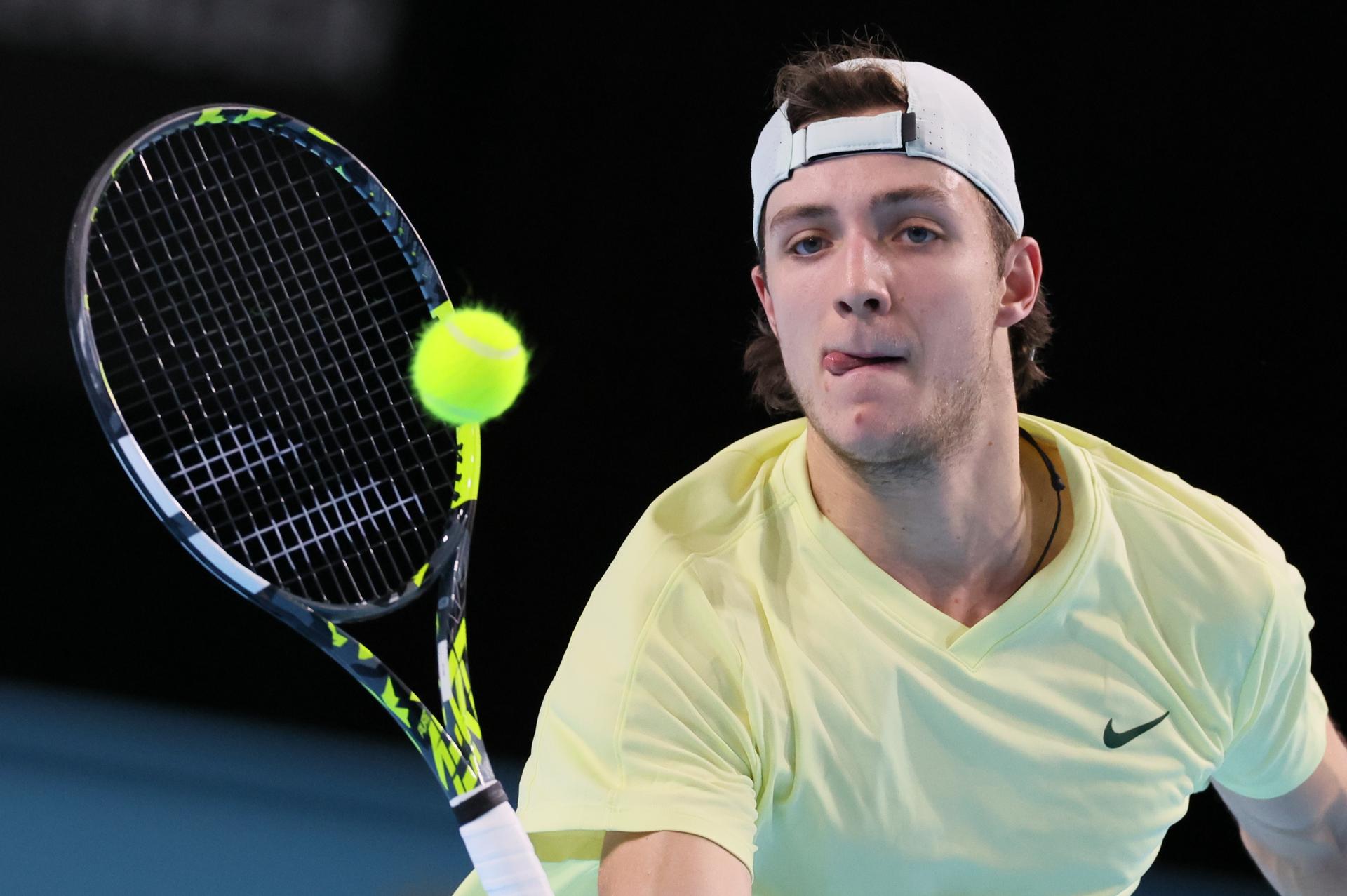 Belgian Tibo Colson pictured in action during a tennis match against German Squire, a qualification match for the men's singles at the BW Open ATP Challenger 125 tournament, in Louvain-la-Neuve, Monday 22 January 2024. THE BW Open takes place from 22 to 28 January. BELGA PHOTO BENOIT DOPPAGNE