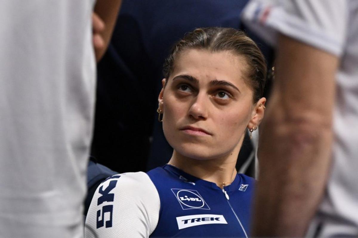 France's Clara Copponi looks on prior to competing in the Women's Points race during the fourth day of the UEC European Track Cycling Championships at the Omnisport indoor arena in Apeldoorn, on January 13, 2024. JOHN THYS / AFP