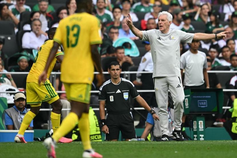 South Africa's Belgian head coach Hugo Broos gestures during the 2026 World Cup Group A football match between Mexico and South Africa at the Mexico City Stadium in Mexico City on June 11, 2026. Yuri CORTEZ / AFP