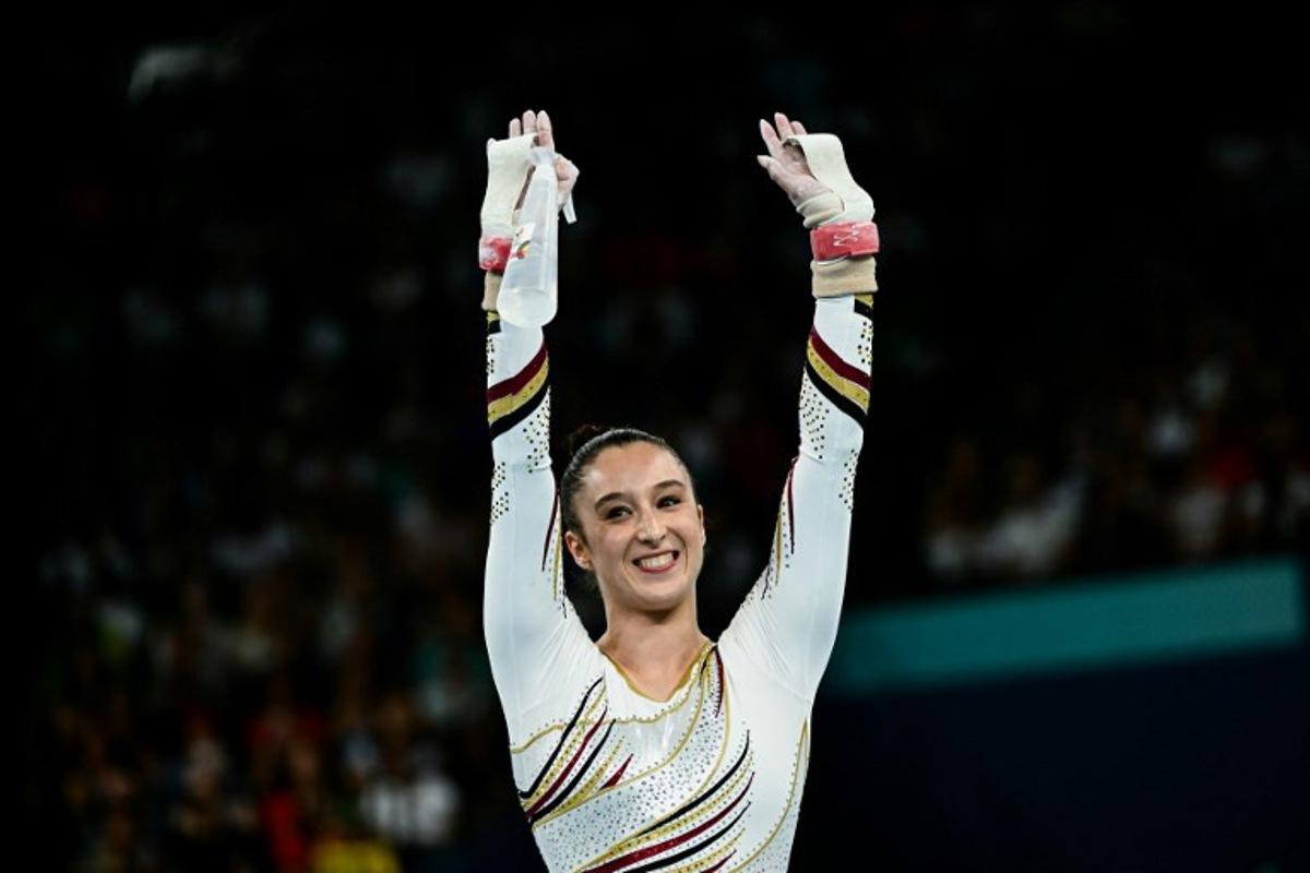 Belgium's Nina Derwael competes in the artistic gymnastics women's uneven bars final during the Paris 2024 Olympic Games at the Bercy Arena in Paris, on August 4, 2024. Loic VENANCE / AFP