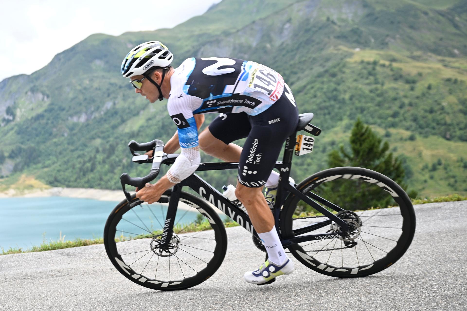 Austrian Gregor Muhlberger of Movistar Team pictured in action during stage 19 of the 2025 Tour de France cycling race, from Albertville to La Plagne (130km), on Friday 25 July 2025 in France. The 112th edition of the Tour de France starts on Saturday 5 July in Lille, France, and will finish in Paris, France on the 27th of July. BELGA PHOTO JASPER JACOBS