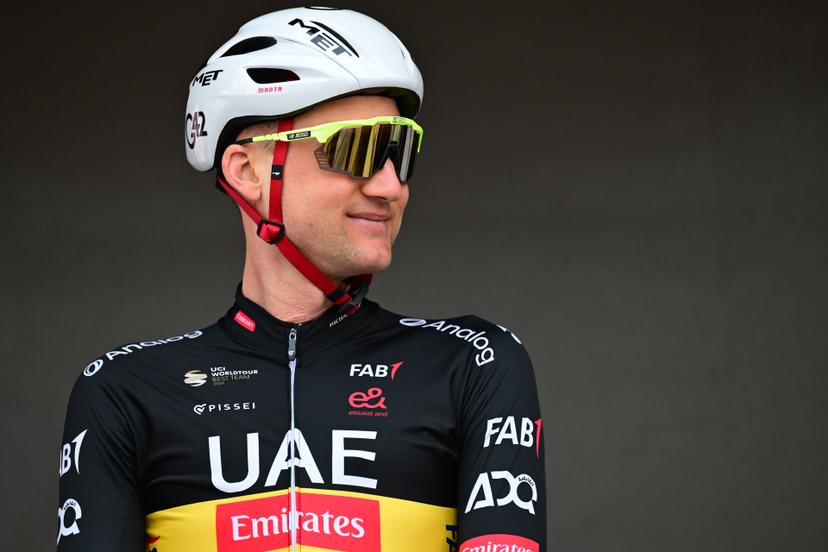 Belgium's Tim Wellens of UAE Team Emirates-XRG pictured during the team presentation at the start of the 78th edition of the men elite race of the Kuurne-Brussels-Kuurne one day cycling race, 195 km from Kuurne to Kuurne via Brussels, Sunday 01 March 2026. BELGA PHOTO DIRK WAEM