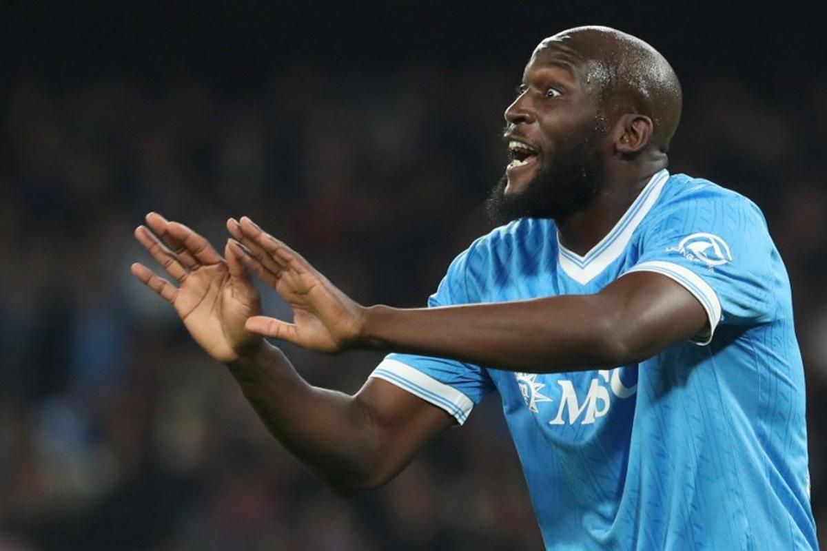 Napoli's Belgian forward #09 Romelu Lukaku reacts during the Italian Serie A football between match SSC Napoli and Torino FC at the Diego Armando Maradona Stadium in Napoli, on March 6, 2026. CARLO HERMANN / AFP