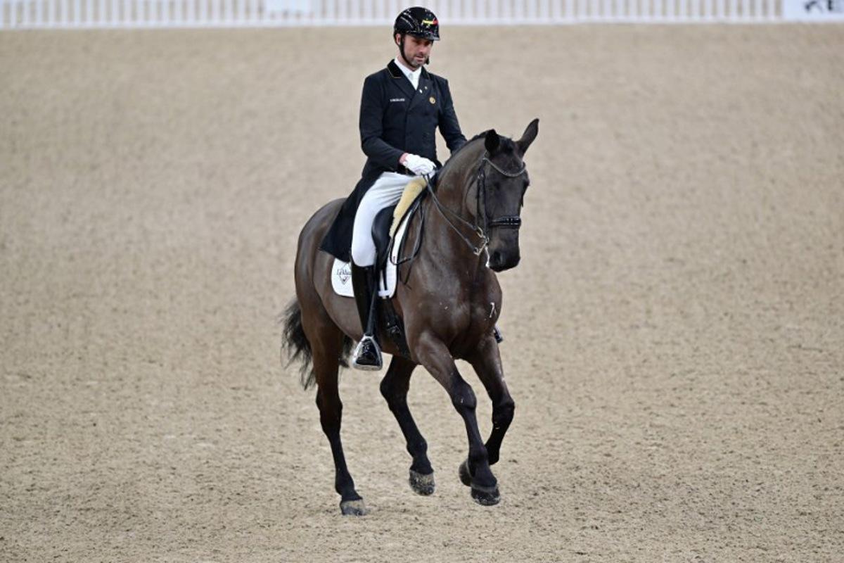 Belgium's Domien Michiels is pictured on the horse Intermezzo van het Meerdaalhof during the FEI Dressage World Cup Grand Prix at the Gothenburg Horse Show at the Scandinavium Arena in Gothenburg, Sweden, on February 21, 2025. Bjorn LARSSON ROSVALL / TT NEWS AGENCY / AFP