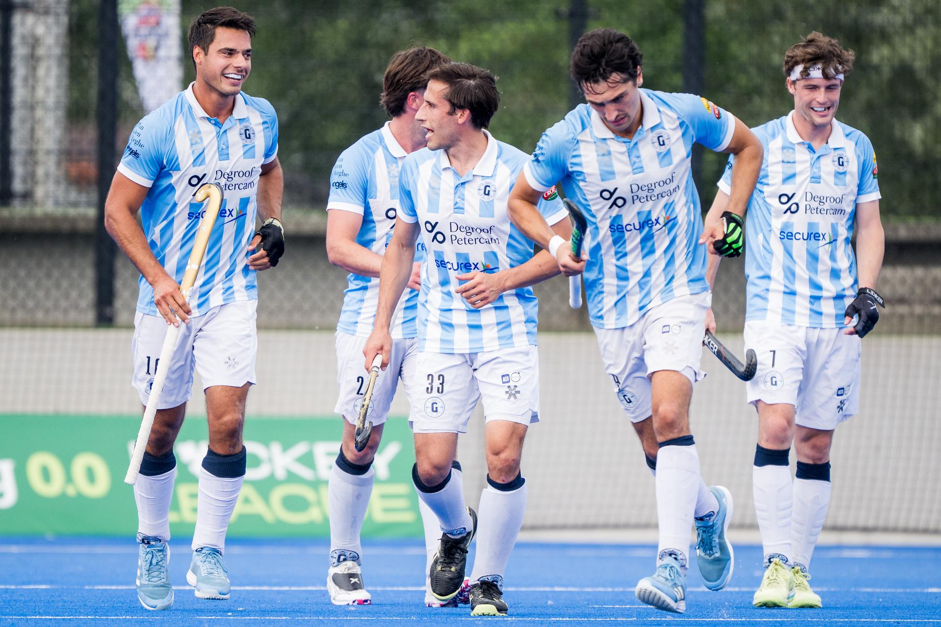 Gantoise's players celebrate after scoring during a hockey game between Royal Oree and Gantoise, Saturday 31 May 2025 in Gent, the finals of the men's Dr. Oetker Cup. Launched in the 2024-2025 season, the new Dr. Oetker Hockey Cup brings together all teams playing in the Belgian League, regardless of their division. BELGA PHOTO JASPER JACOBS