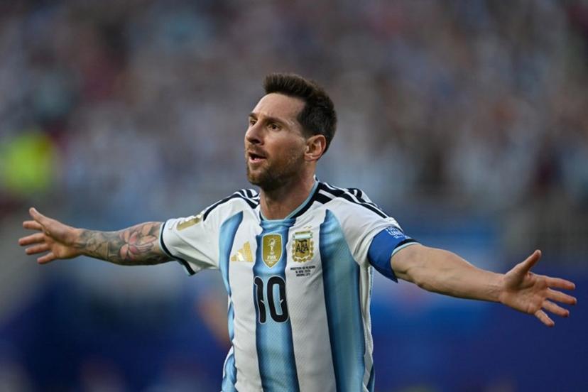Argentina's forward #10 Lionel Messi celebrates scoring his team's first goal during the 2026 World Cup Group J football match between Argentina and Algeria at the Kansas City Stadium in Kansas City on June 16, 2026. Roberto SCHMIDT / AFP