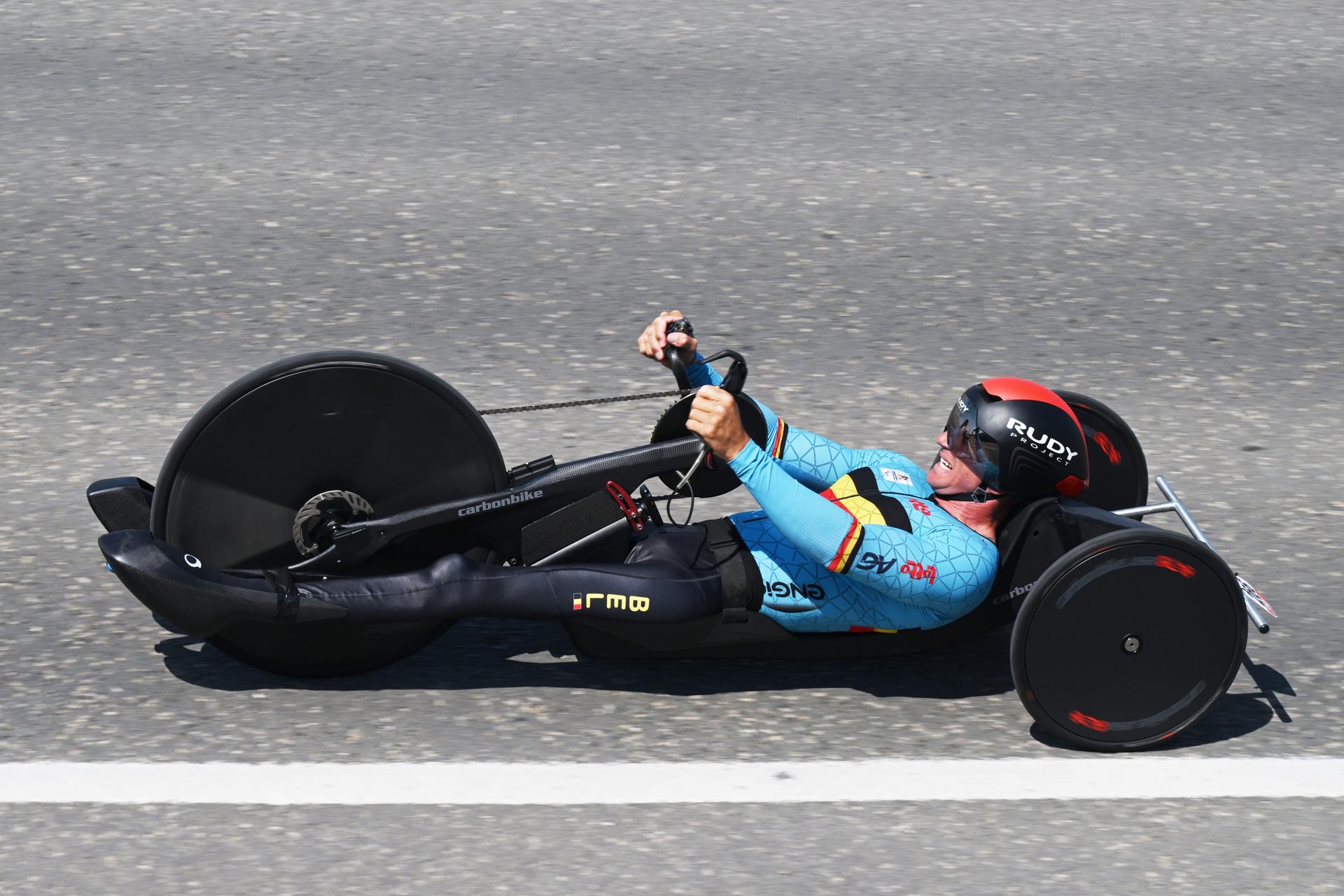 Belgian Jonas Van De Steene pictured in action during the time trials at the UCI Para-Cycling Road World Cup event, Thursday 01 May 2025, in Oostende. The UCI Para-Cycling Road World Cup takes place from 01 to 04 May in Oostende and Brugge. BELGA PHOTO LUC CLAESSEN