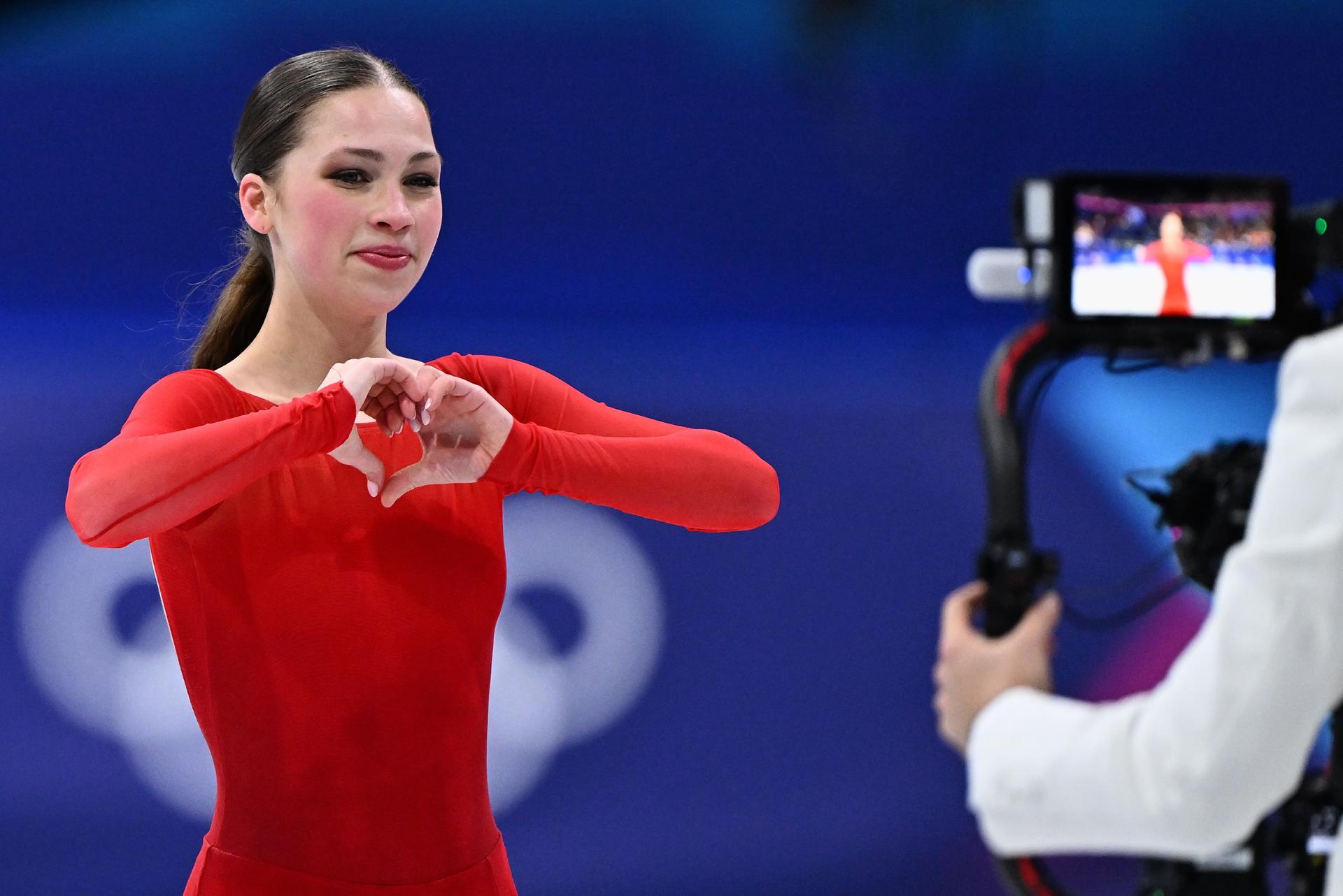 Belgian figure skater Nina Pinzarrone reacts during the free program of the Women's Figure Skating competition at the Milano Cortina 2026 Olympic Winter Games, on Thursday 19 February 2026 in Milan, Italy. The XXV Winter Olympics take place from 6 to 22 February 2026 in Italy. BELGA PHOTO JASPER JACOBS