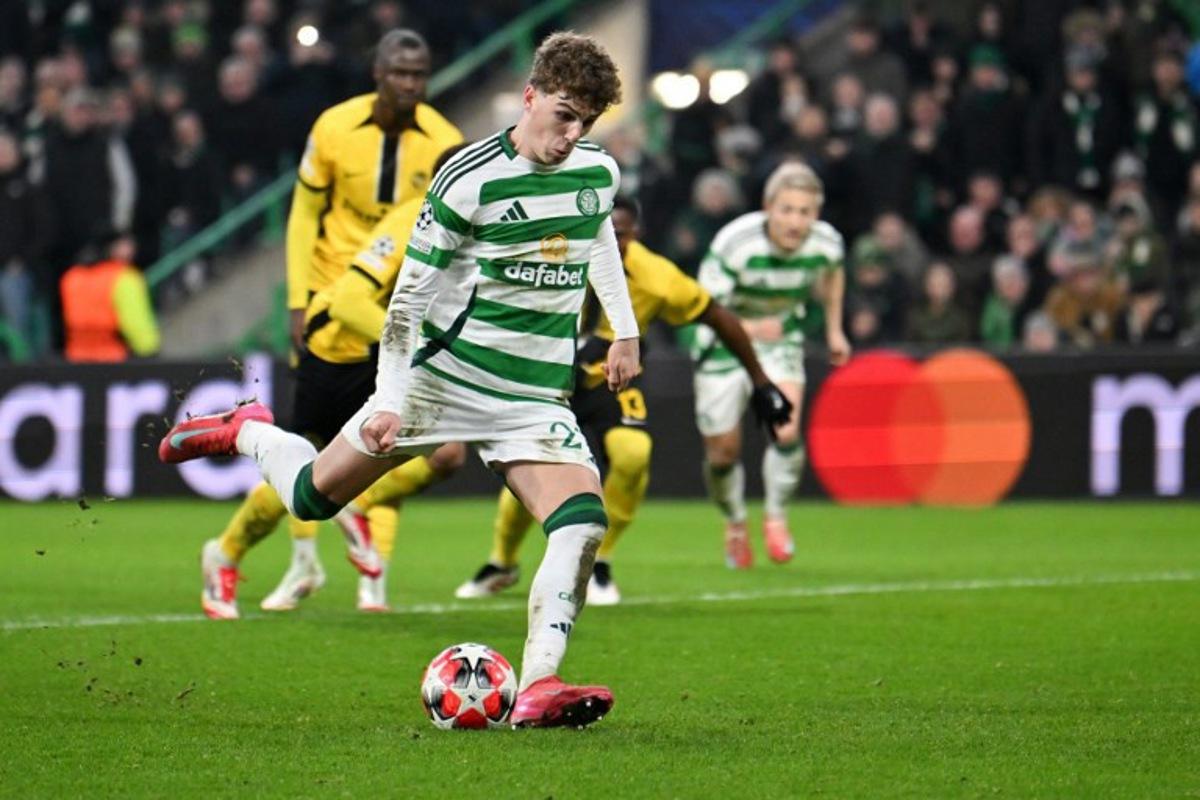 Celtic's Belgian midfielder #27 Arne Engels shoots from the penalty spot but fails to score during the UEFA Champions League football match between Celtic and Young Boys at Celtic Park stadium in Glasgow, Scotland on January 22, 2025. ANDY BUCHANAN / AFP