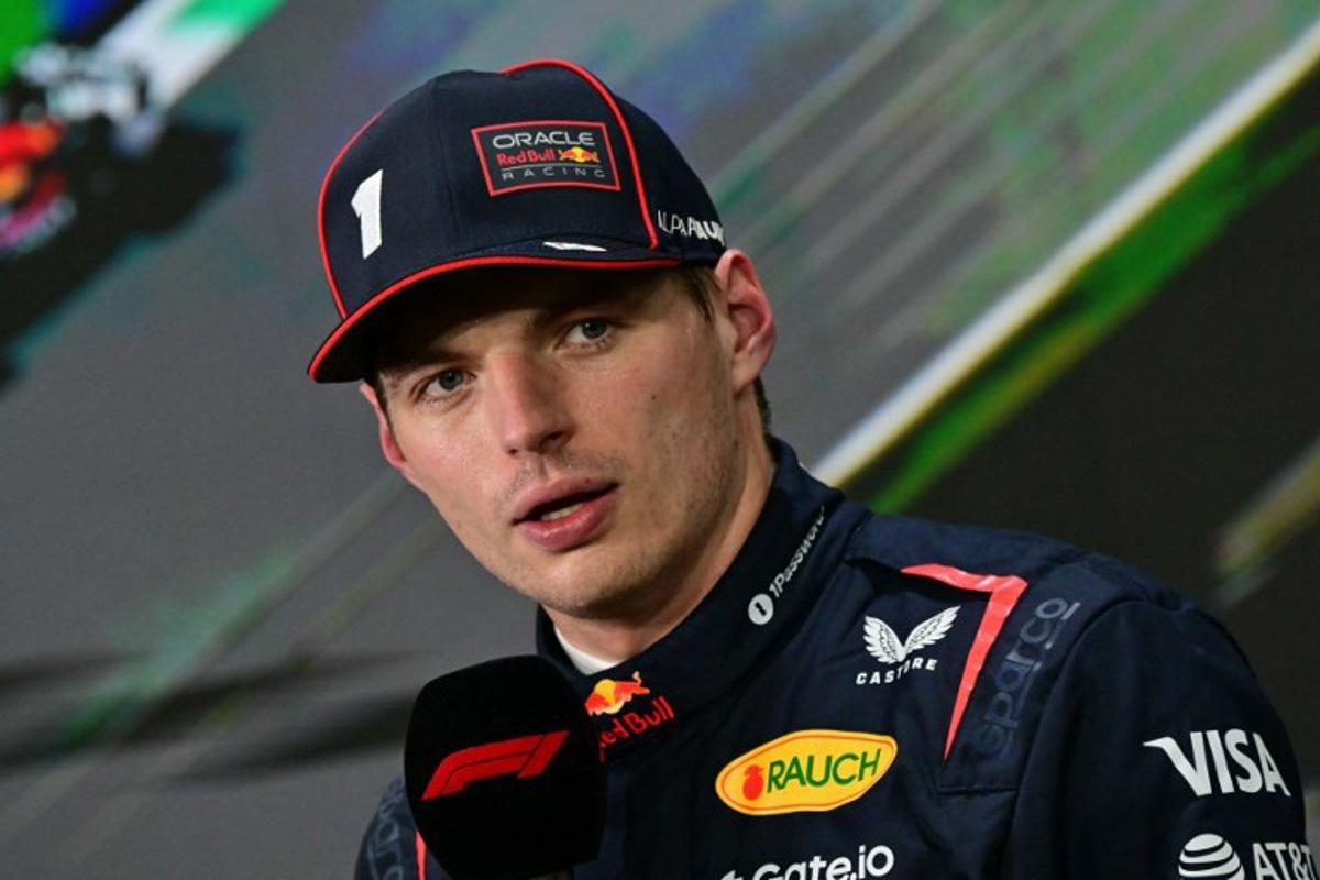 Pole position winner Red Bull Racing's Dutch driver Max Verstappen talks to reporters after the qualifying round for the 2025 Saudi Arabia Formula One Grand Prix at the Jeddah Corniche Circuit on April 19, 2025. Giuseppe CACACE / AFP