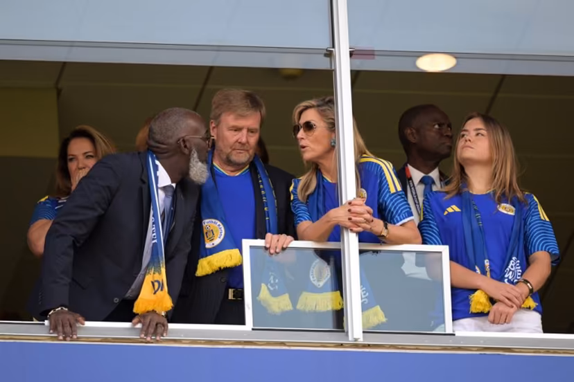 Curacao's Prime Minister Gilmar Pisas (L) talks with King Willem-Alexander of the Netherlands, Queen Maxima of the Netherlands and Princess Ariane of the Netherlands ahead of the 2026 World Cup Group E football match between Ecuador and Curacao at the Kansas City Stadium in Kansas City on June 20, 2026. JUAN MABROMATA / AFP