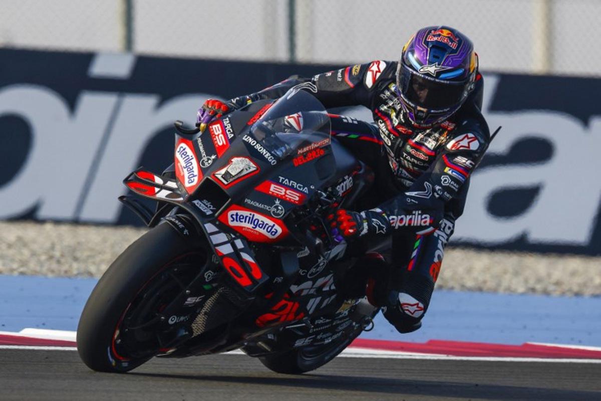 Aprilia Racing's Spanish rider Jorge Martin steers his bike during the free practice session of the Qatar MotoGP Grand Prix at the Lusail International Circuit in Lusail, north of Doha, on April 11, 2025. Karim JAAFAR / AFP