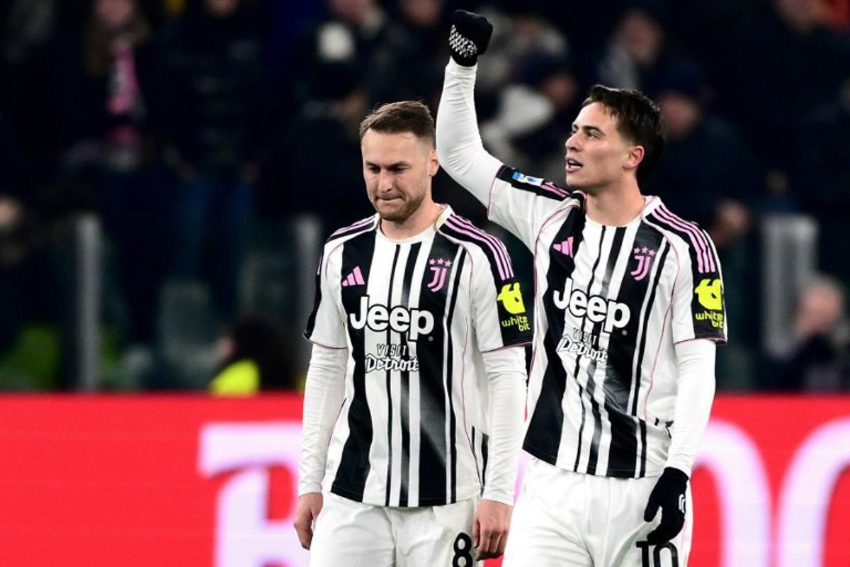 Juventus' Turkish forward #10 Kenan Yildiz celebrates after scoring his team second goal during the Italian Serie A football match between Juventus and Cagliari at the Allianz Stadium, in Turin, northern Italy, on November 29, 2025. MARCO BERTORELLO / AFP