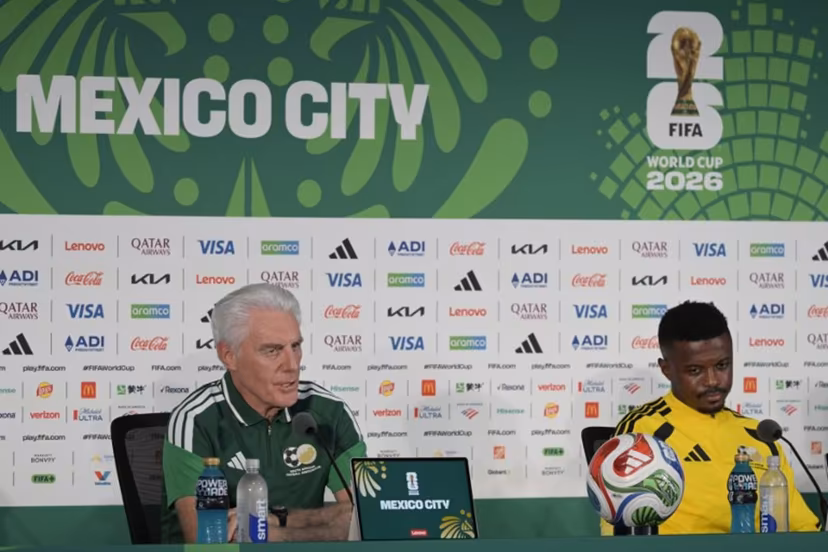 South Africa's Belgian head coach Hugo Broos (L) and midfielder Teboho Mokoena (R) give a press conference at the Mexico City Stadium in Mexico City on June 10, 2026, on the eve of the 2026 World Cup football match between Mexico and South Africa. Alfredo ESTRELLA / AFP