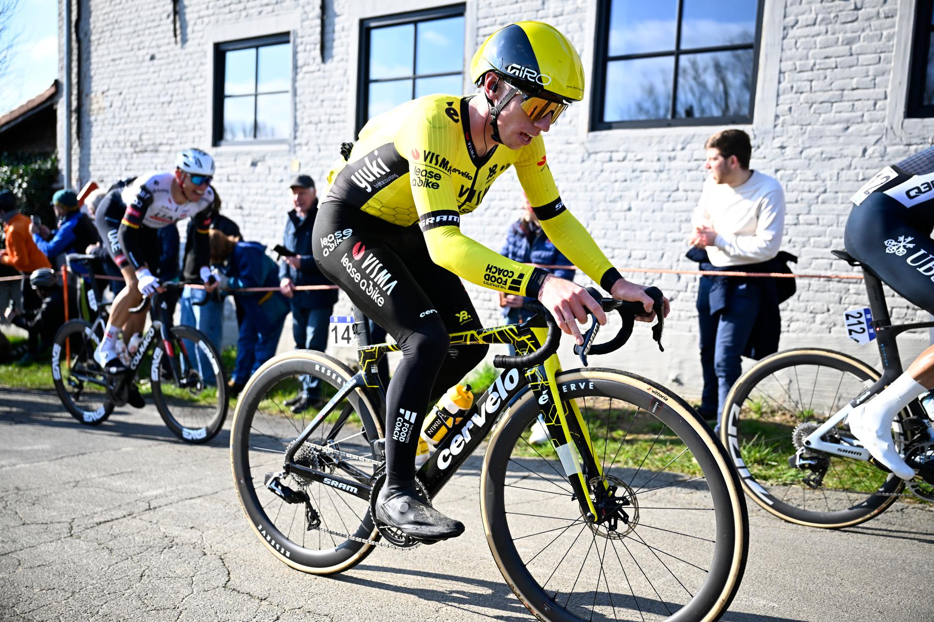 British James Matthew Brennan of Team Visma-Lease a Bike pictured in action during the men's one-day cycling race Omloop Het Nieuwsblad (UCI World Tour), 197 km from Gent to Ninove, Saturday 01 March 2025. BELGA PHOTO JASPER JACOBS