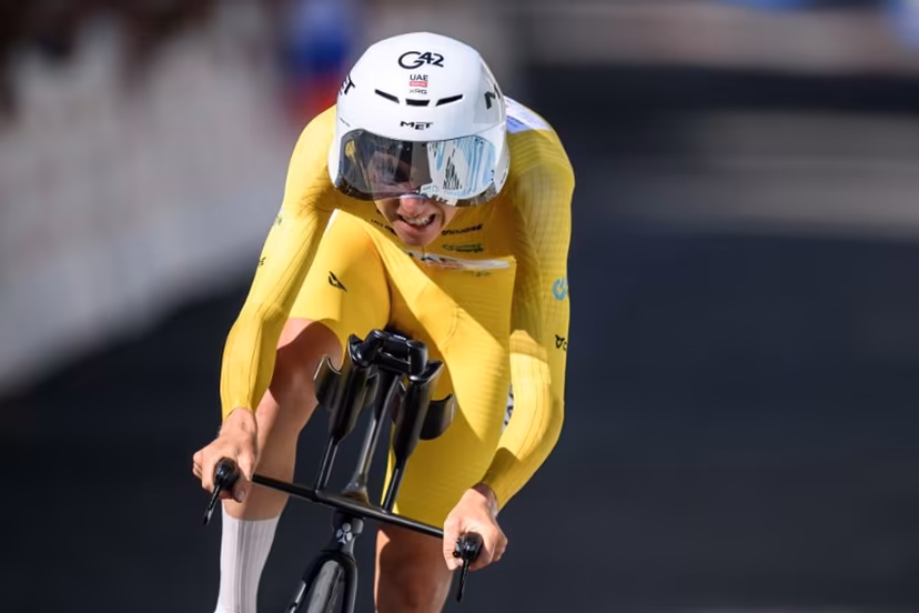 UAE Team Emirates-XRG's Slovenian rider Tadej Pogacar competes during the fourth stage, a 23.7 km time trial from Aarburg to Aarburg, at the Men's Tour of Switzerland (Tour de Suisse) cycling race in Aarburg, Switzerland, on June 20, 2026. Fabrice COFFRINI / AFP