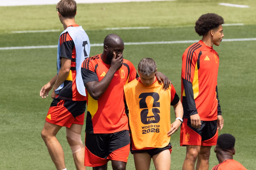 Belgium's Romelu Lukaku and Belgium's Leandro Trossard pictured during a training session of Belgian national soccer team Red Devils in Los Angeles, USA, on Saturday 20 June 2026. The Red Devils prepare for their second game in the group stage of the 2026 FIFA World Cup. BELGA PHOTO BRUNO FAHY