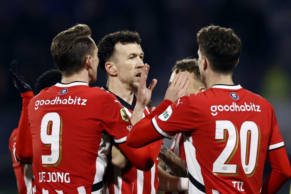 Eindhoven's Ivan Perisic reacts during the Dutch Eredivisie football match between RKC Waalwijk and PSV Eindhoven at Mandemakers Stadium in Waalwijk on March 15, 2025. MAURICE VAN STEEN / ANP / AFP