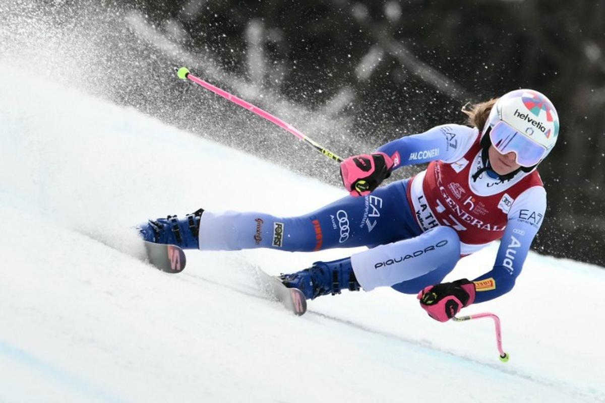 Italy's Marta Bassino competes during the Women's Super G replacing St Moritz event of FIS Alpine Skiing World Cup in La Thuile, Italy on March 14, 2025. Marco BERTORELLO / AFP