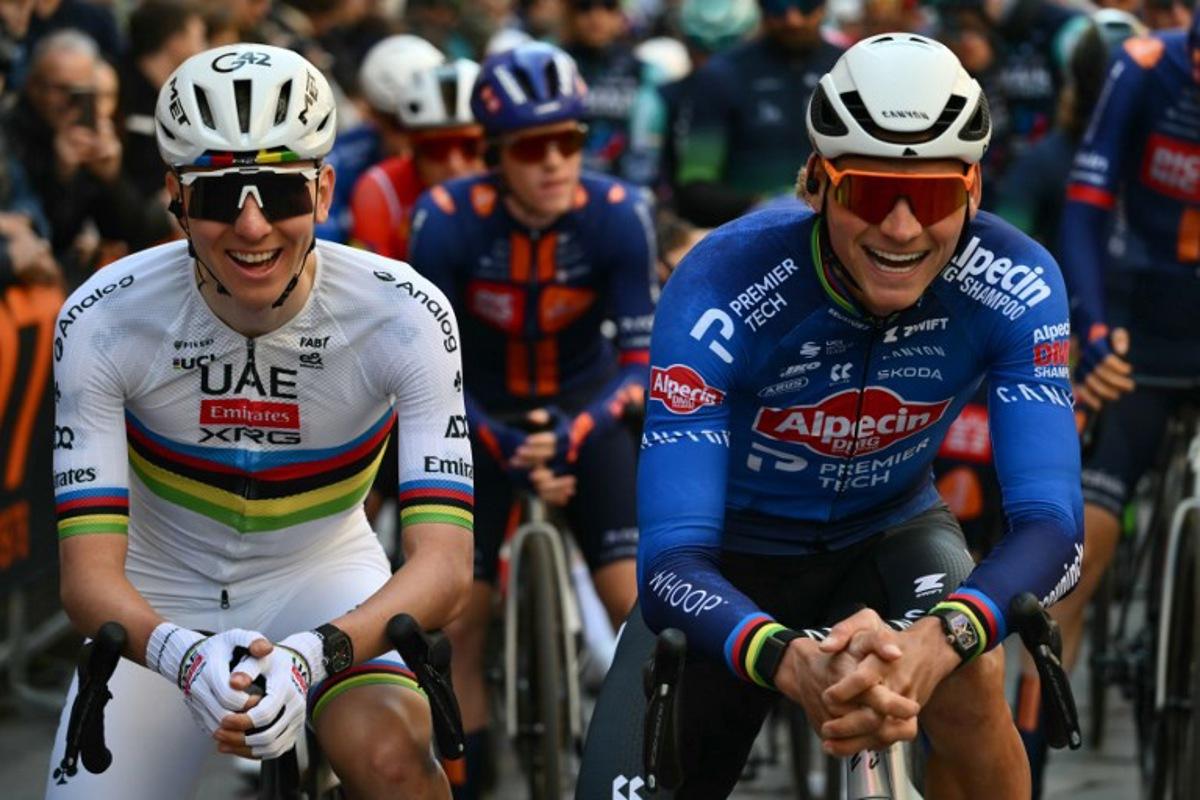 UAE Team Emirate's Slovenian rider Tadej Pogacar and Alpecin-Deceuninck's Dutch rider Mathieu van der Poel pose at the start of the Milan - Sanremo one-day classic cycling race, in Pavia, on March 21, 2026. Marco BERTORELLO / AFP