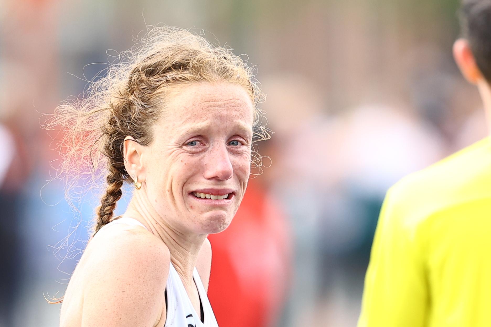 Belgian Hanne Verbruggen reacts after finishing 12th at the women marathon race at European Running Championships, from Leuven to Brussels, Sunday 13 April 2025. BELGA PHOTO DAVID PINTENS