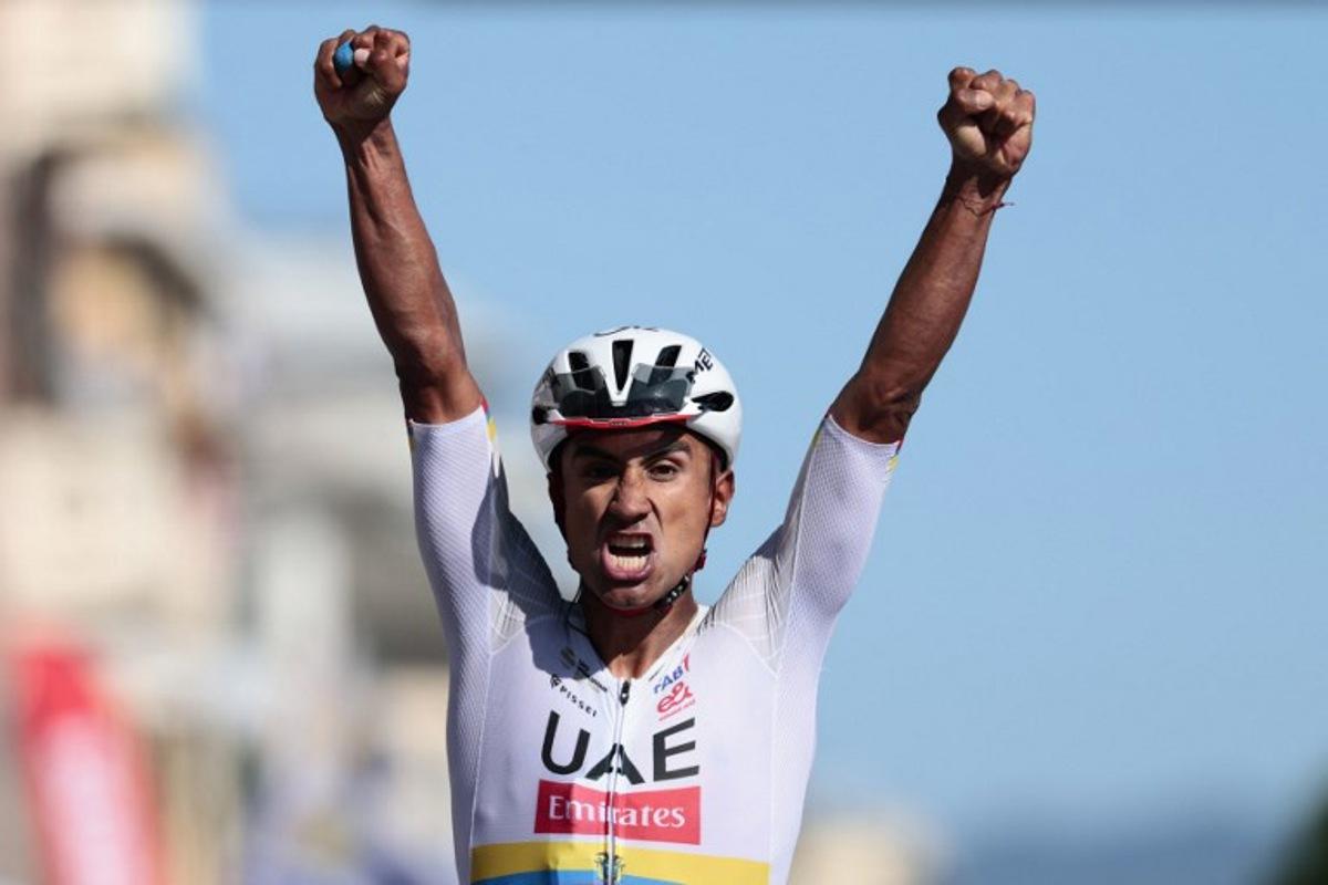 UAE Team Emirates - XRG Ecuadorian rider Jhonatan Narvaez celebrates as he crosses the finish line to win the 11th stage of the Giro d'Italia 2026 - Tour of Italy cycling race between Porcari and Chiavari, Italy, on May 20, 2026. Luca Bettini / AFP