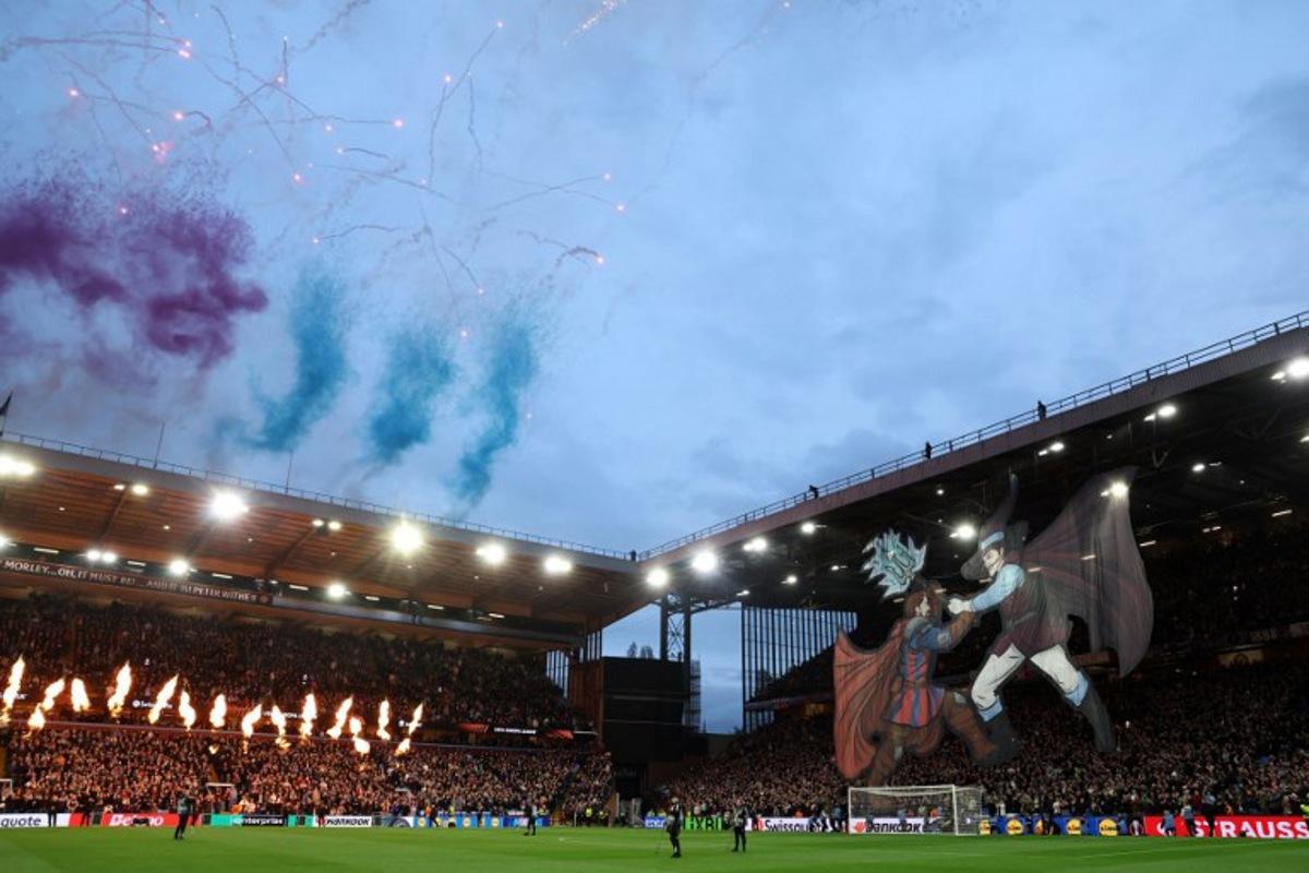 Fireworks explode ahead of the UEFA Europa League, quarter final second-leg football match between Aston Villa and Bologna at Villa Park in Birmingham, central England on April 16, 2026. Darren Staples / AFP