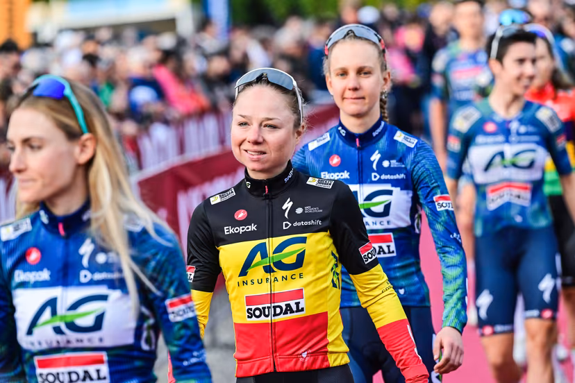 Belgian Justine Ghekiere of AG Insurance-Soudal Team pictured during the team presentations ahead of the 'Strade Bianche' one day cycling race from and to Siena, Italy, Friday 06 March 2026. BELGA PHOTO DIRK WAEM