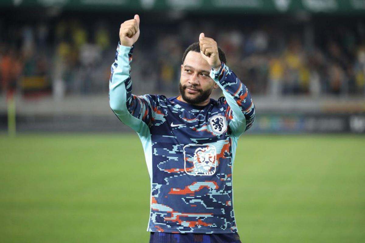 Netherlands' forward #10 Memphis Depay reacts after the 2026 World Cup qualifiers Europe zone group G football match between Lithuania and The Netherlands, on September 7, 2025 in Kaunas, Lithuania. PETRAS MALUKAS / AFP