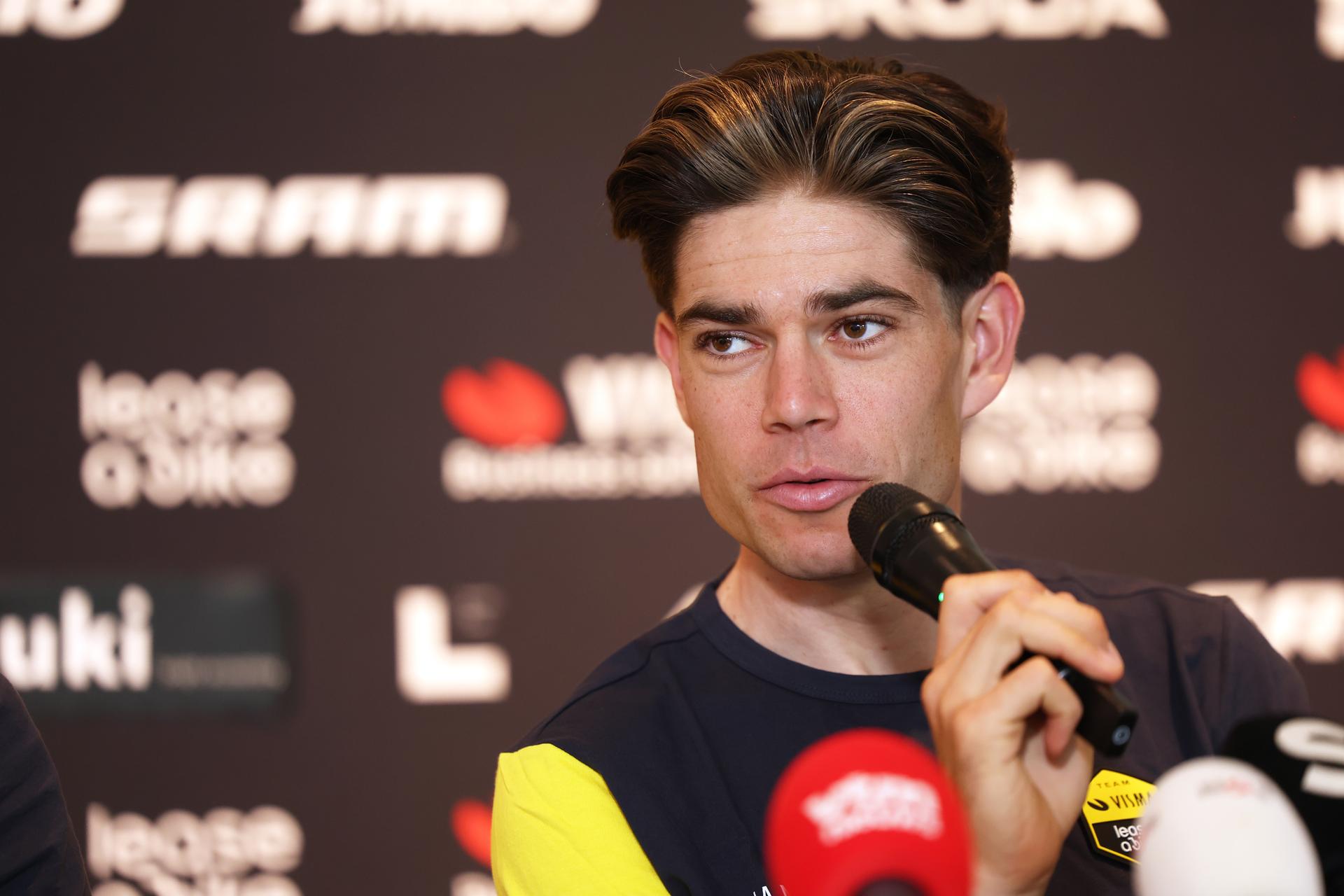 Wout van Aert pictured during a press conference of the Team Visma-Lease a Bike cycling team ahead of the Ronde van Vlaanderen / Tour des Flandres / Tour of Flanders cycling race, Friday 04 April 2025 in Deerlijk. The 109th edition of the cycling race will take place on Sunday 06 April. BELGA PHOTO KURT DESPLENTER