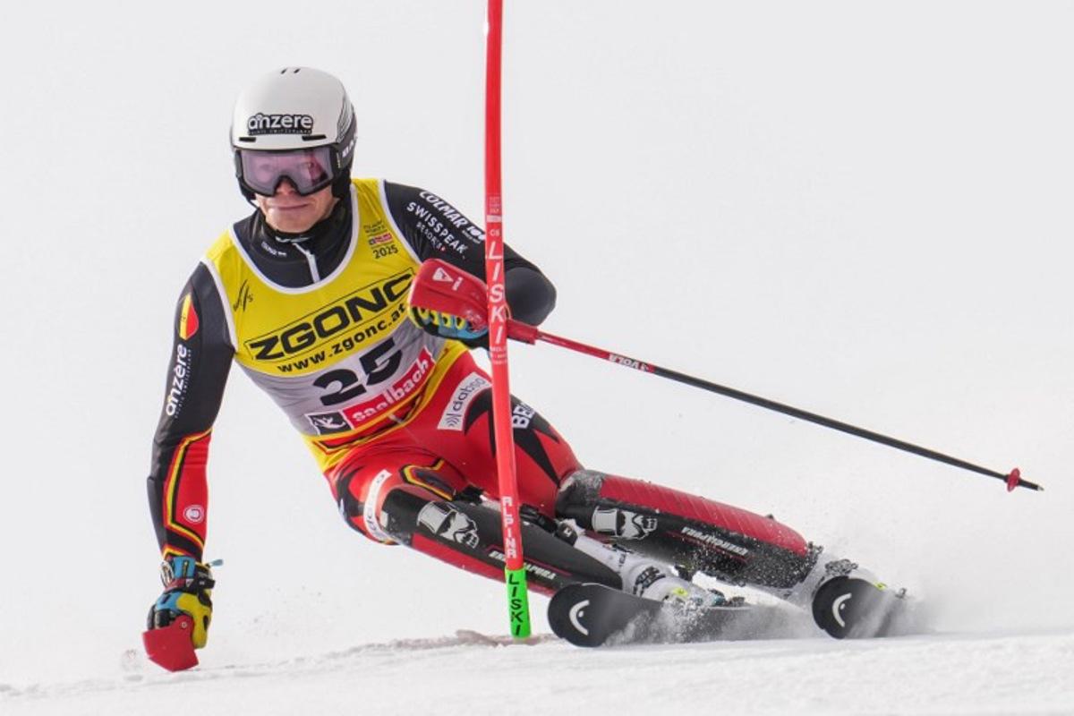 Belgium's Armand Marchant competes in the first run of the Men's Slalom event of the Saalbach 2025 FIS Alpine World Ski Championships in Hinterglemm on February 16, 2025. Dimitar DILKOFF / AFP