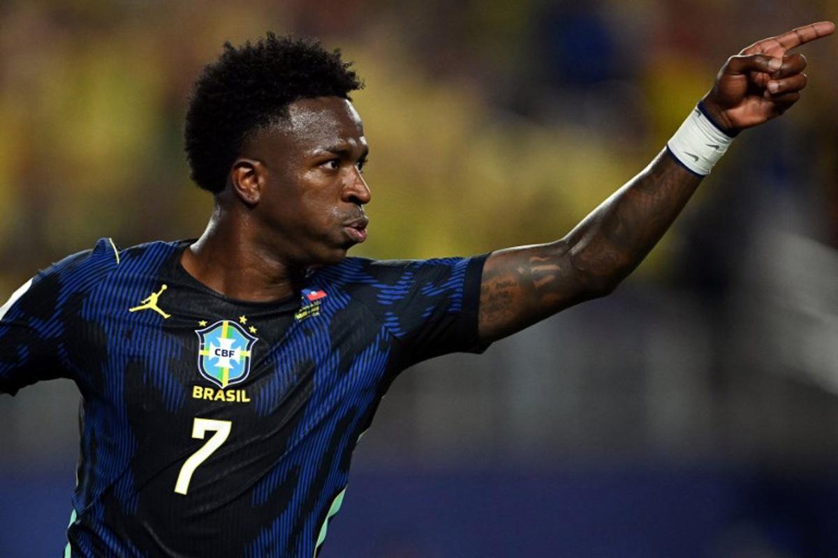 Brazil's forward #07 Vinicius Junior celebrates scoring his team's third goal during the 2026 World Cup Group C football match between Brazil and Haiti at the Philadelphia Stadium in Philadelphia on June 19, 2026. Mauro PIMENTEL / AFP