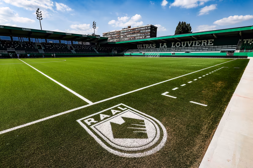 Raal logo on the pitch in the Easi Arena stadium ahead of a press conference of Belgian soccer team RAAL La Louviere, Wednesday 18 June 2025 in La Louviere, in preparation of the upcoming 2025-2026 first division season. BELGA PHOTO BRUNO FAHY